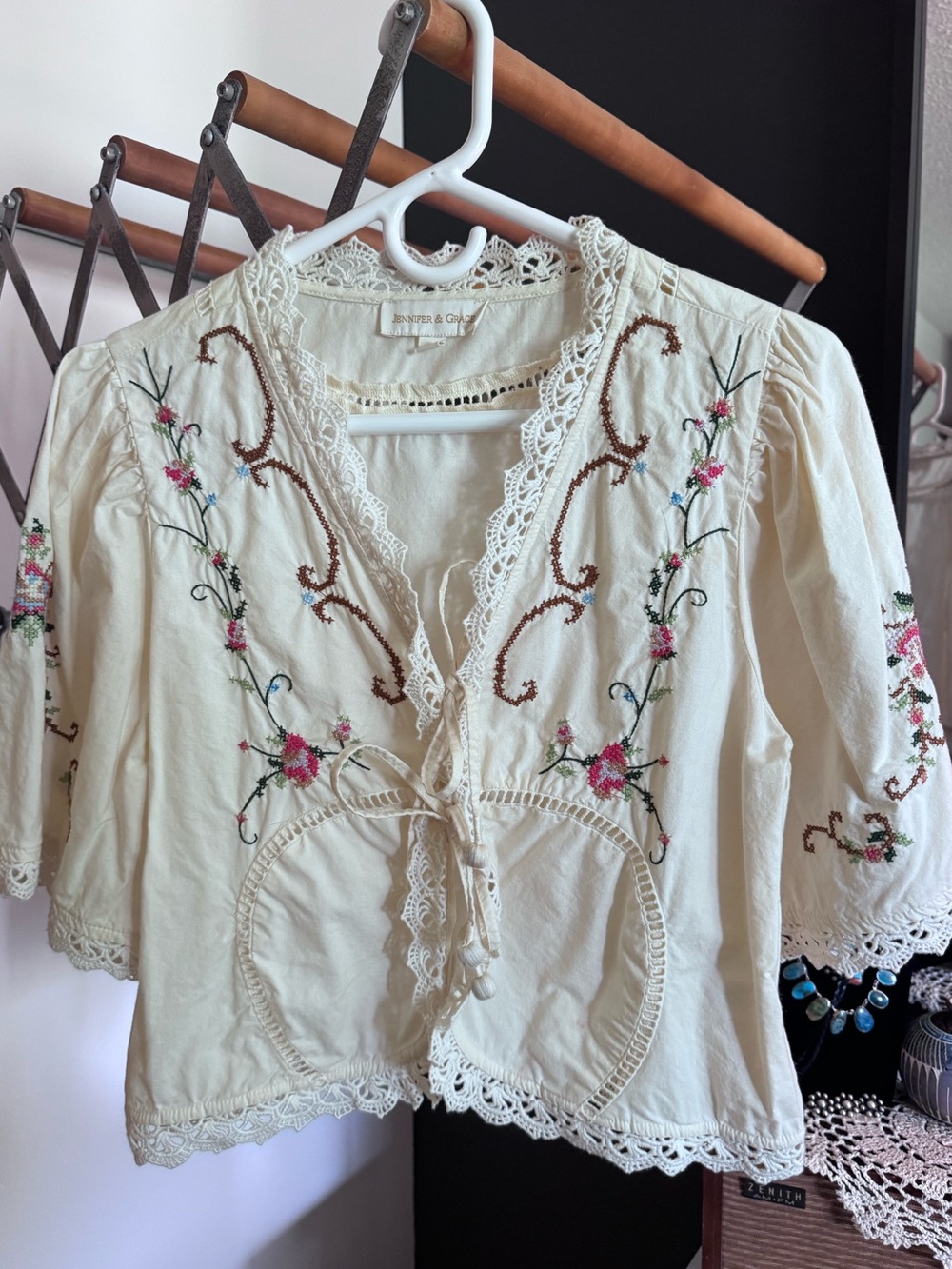 Embroidered Crochet-Trim Peasant Blouse - Cream - Picture 2 of 3